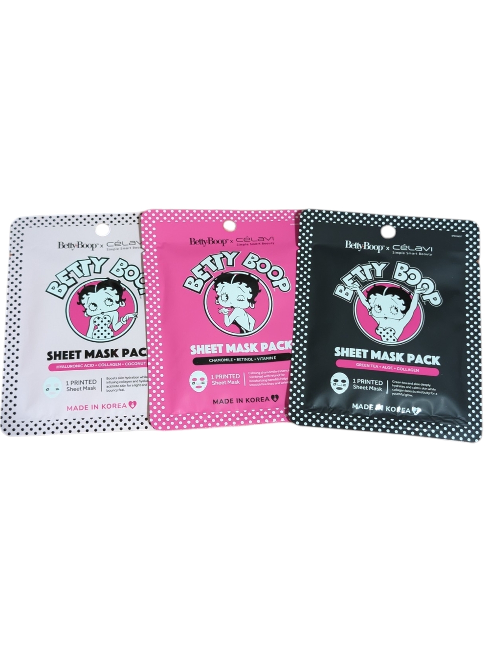 Betty Boop Face Sheet Mask Green Tea/Chamomile/Coconut - 3-Pack